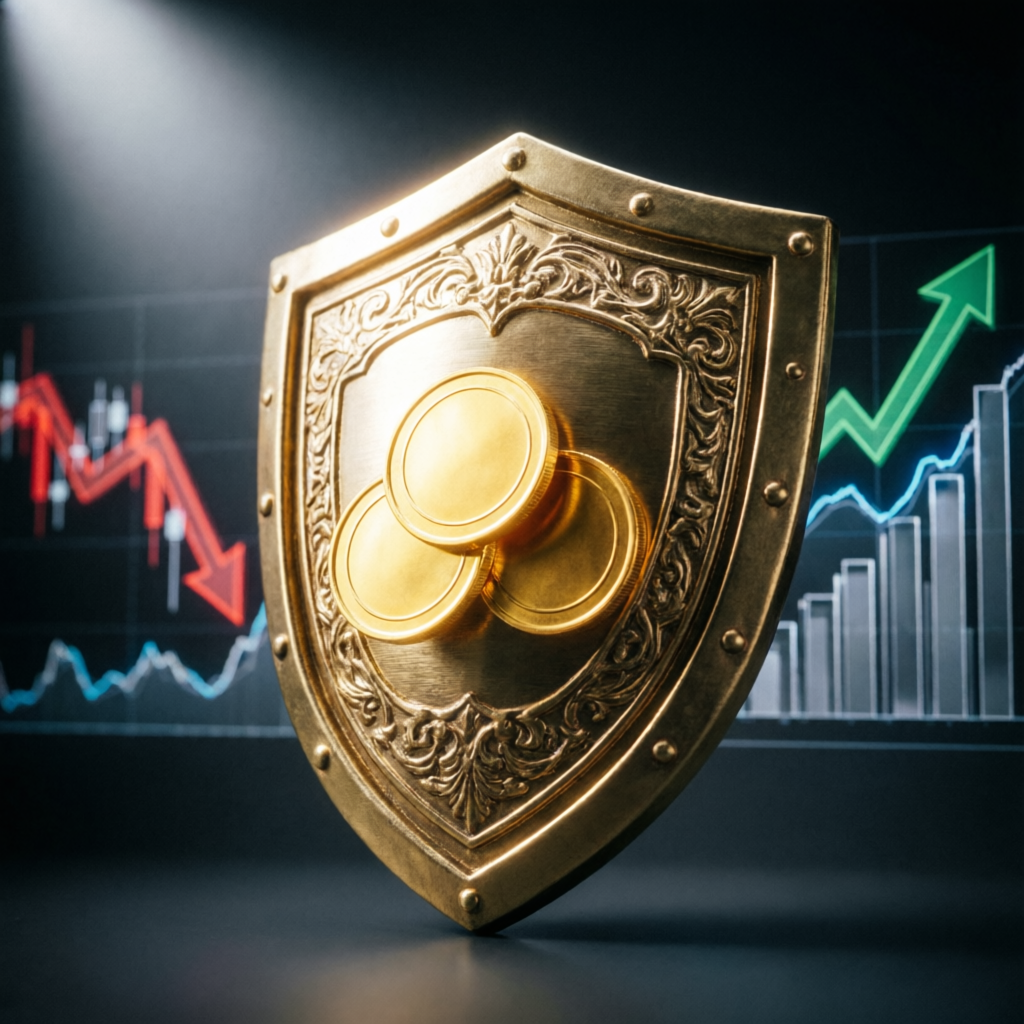 Risk management concept with golden shield protecting trading capital
