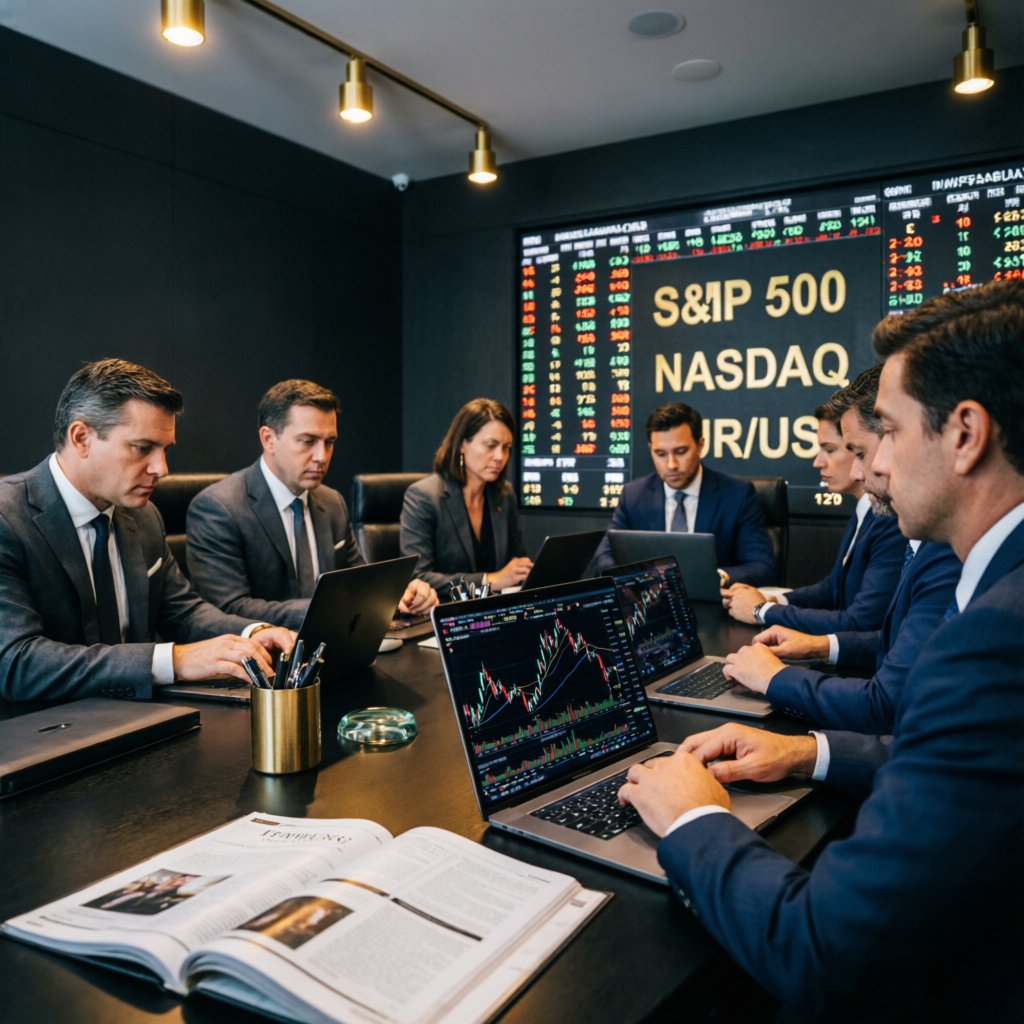 Expert trading team analyzing Apex futures charts in premium office