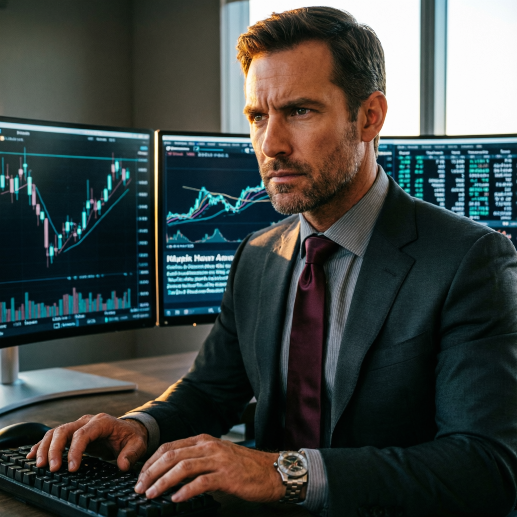 Professional trader analyzing Apex futures charts with focused attention