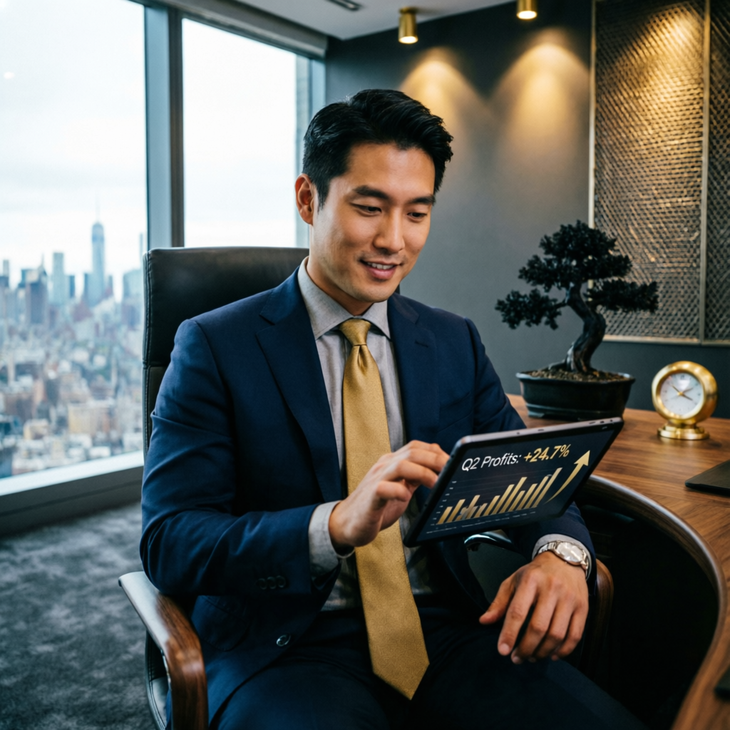 Successful trader reviewing profits on tablet in luxury office
