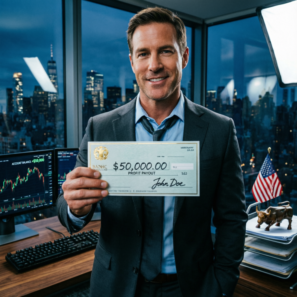 Successful trader holding $50,000 profit payout check in luxury office