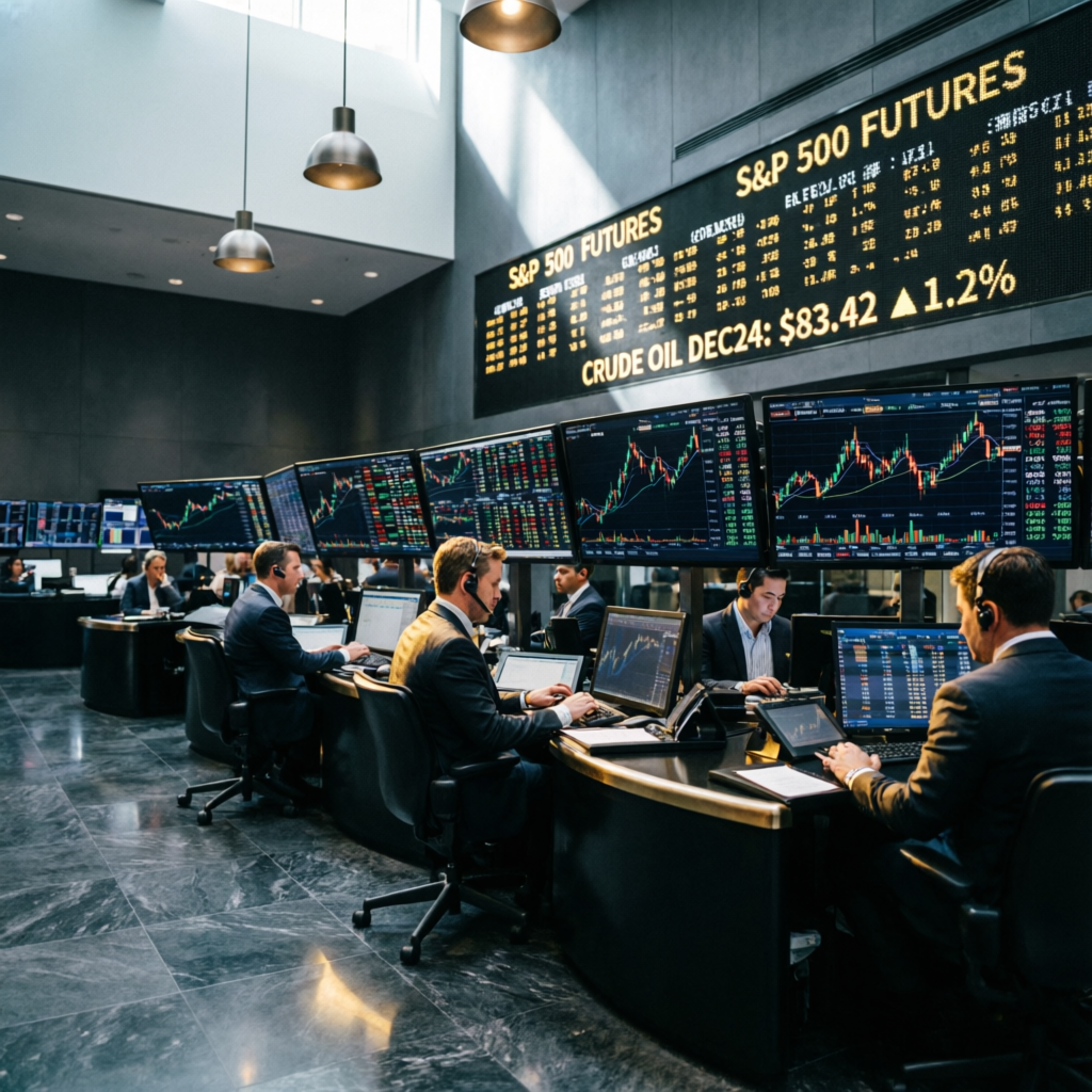 Professional Wall Street trading floor with multiple screens showing futures markets