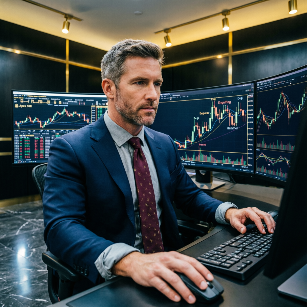 Professional forex trader analyzing Apex 50K futures trading charts