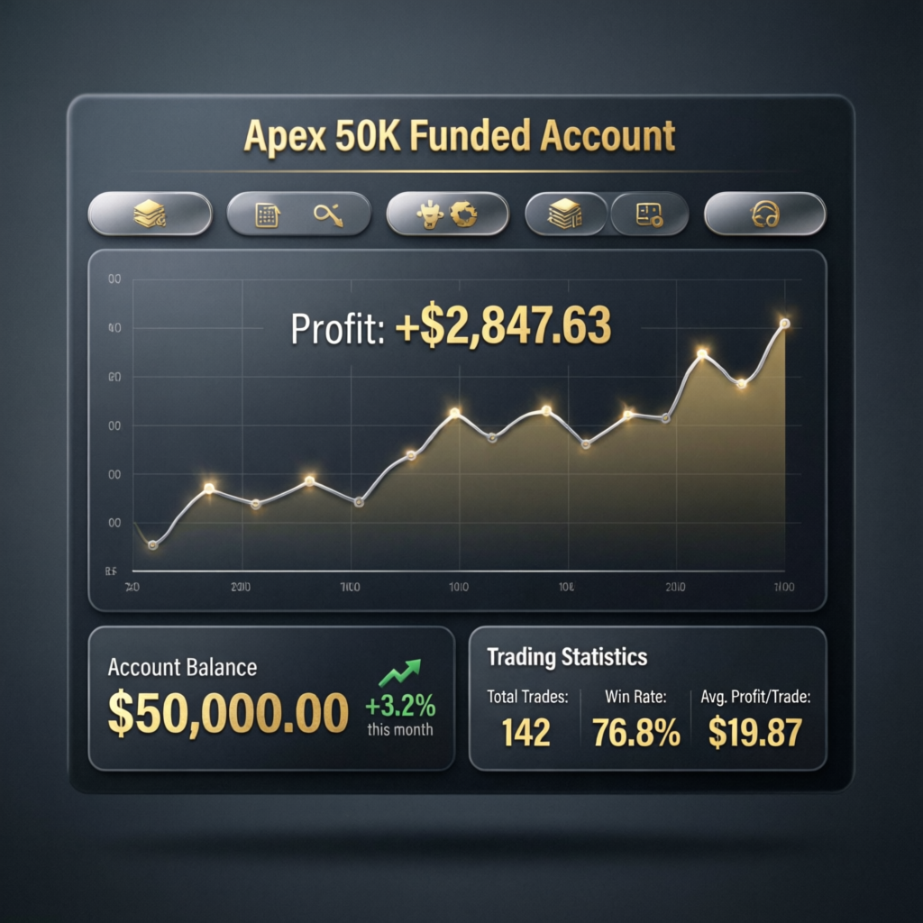 Apex 50K funded account dashboard showing profit and trading statistics