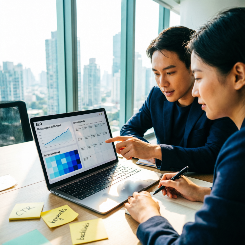 Web Ai Global strategists reviewing an SEO dashboard with a 90-day organic traffic trend, keyword heatmap and content calendar