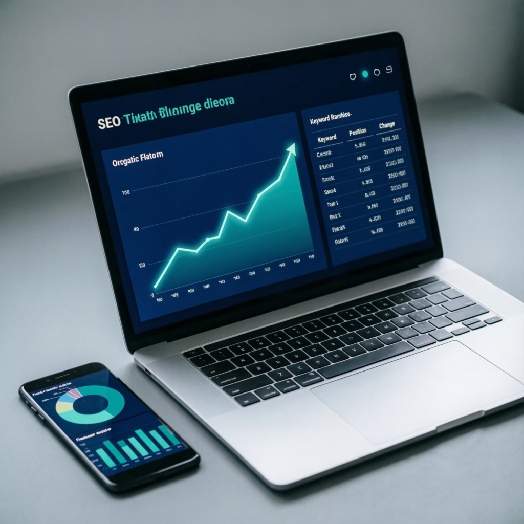 SEO analytics dashboard on a laptop and phone showing a rising organic traffic graph and keyword ranking table