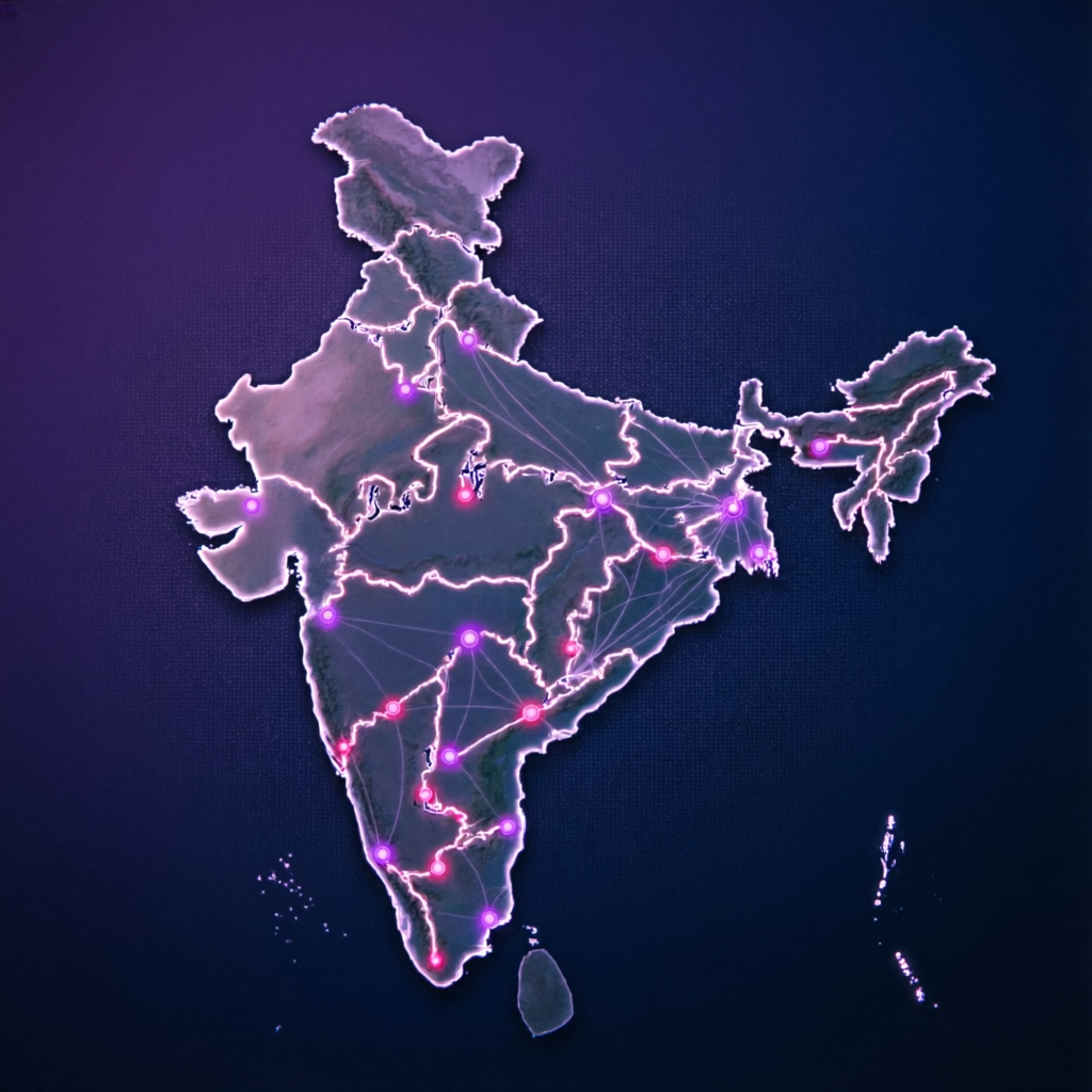 Stylized map of India with glowing purple and pink markers and connection lines representing Web Ai Global's social media service coverage