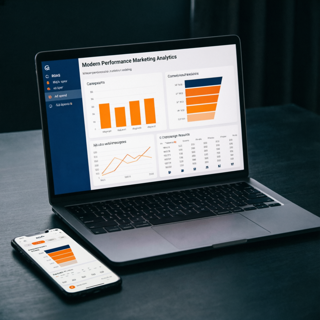 Performance marketing dashboard on a laptop and smartphone showing ROAS, ad spend and conversion funnel charts in orange and navy