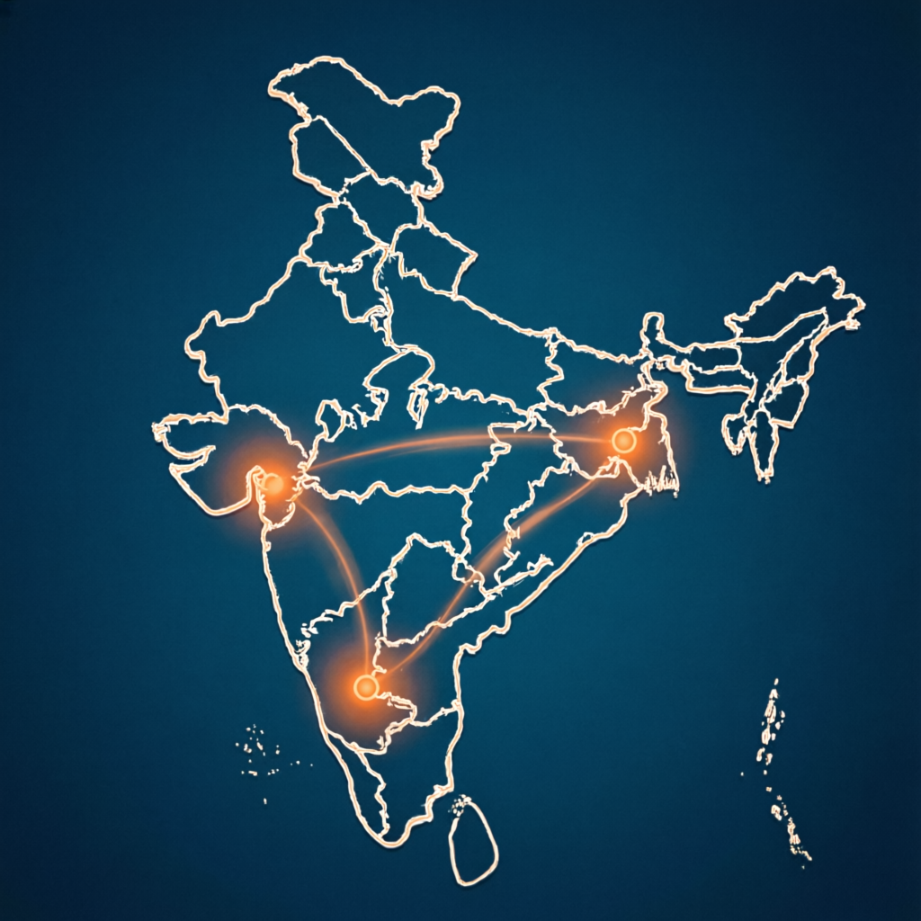 Stylized map of India with glowing orange markers and connection lines representing Web Ai Global's performance marketing service coverage