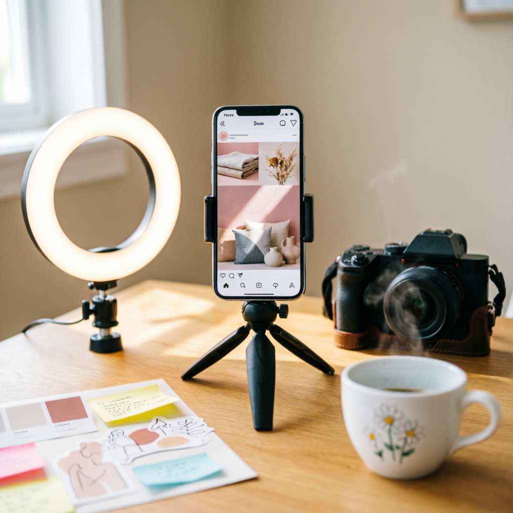 Social media content creation setup with a smartphone on a tripod showing a curated feed, ring light, camera and a mood board with brand colors