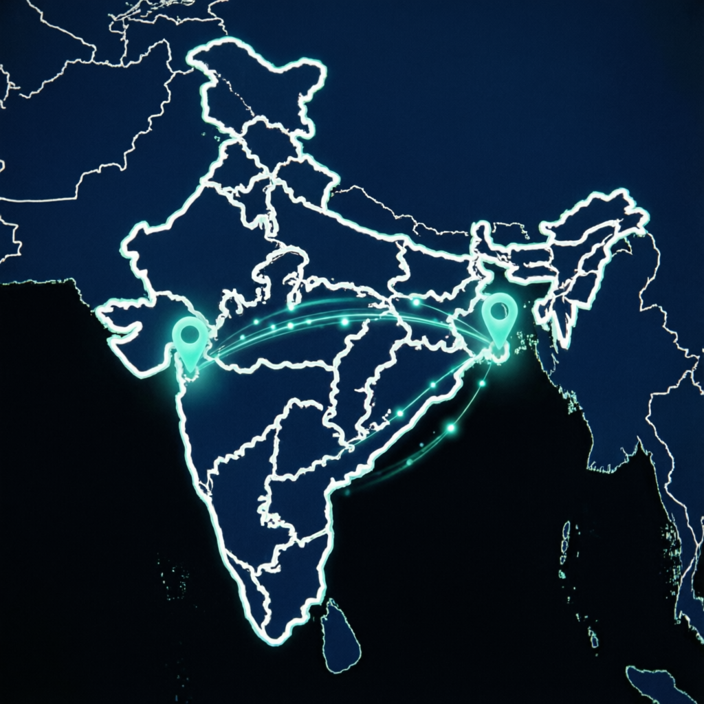Stylized map of India with glowing markers and connection lines highlighting Web Ai Global's SEO service cities Mumbai, Delhi and Chandigarh