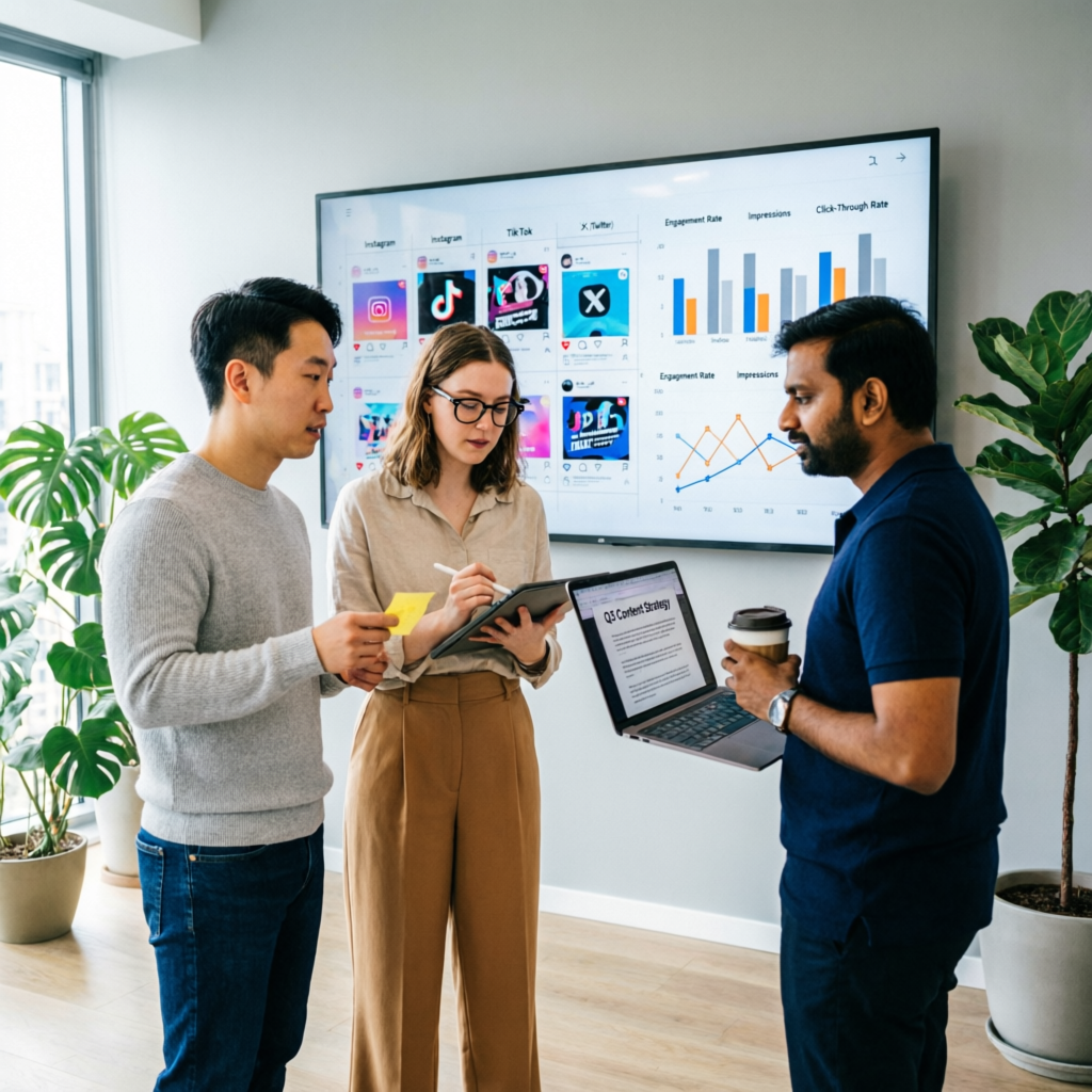 Web Ai Global team reviewing a quarterly content strategy with platform post mockups and engagement charts on a large screen
