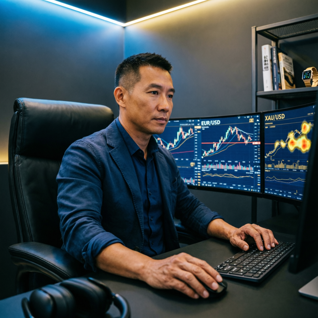 Professional Forex Trader at Trading Desk with Financial Charts
