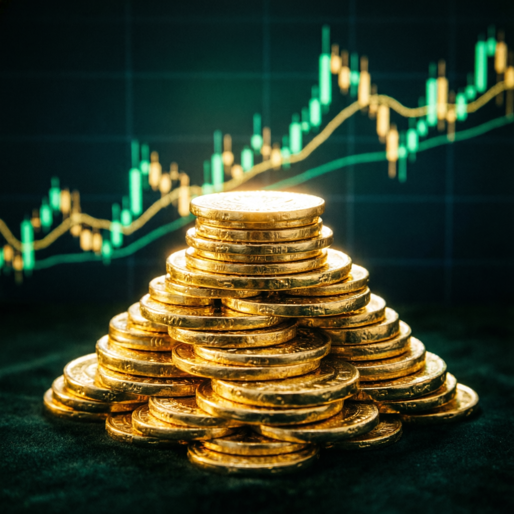 Gold coins representing profits from funded trading accounts