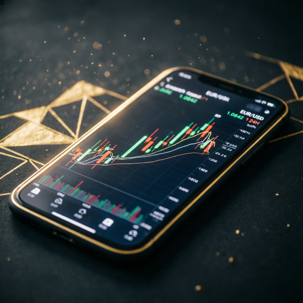 Mobile forex trading on smartphone with candlestick charts