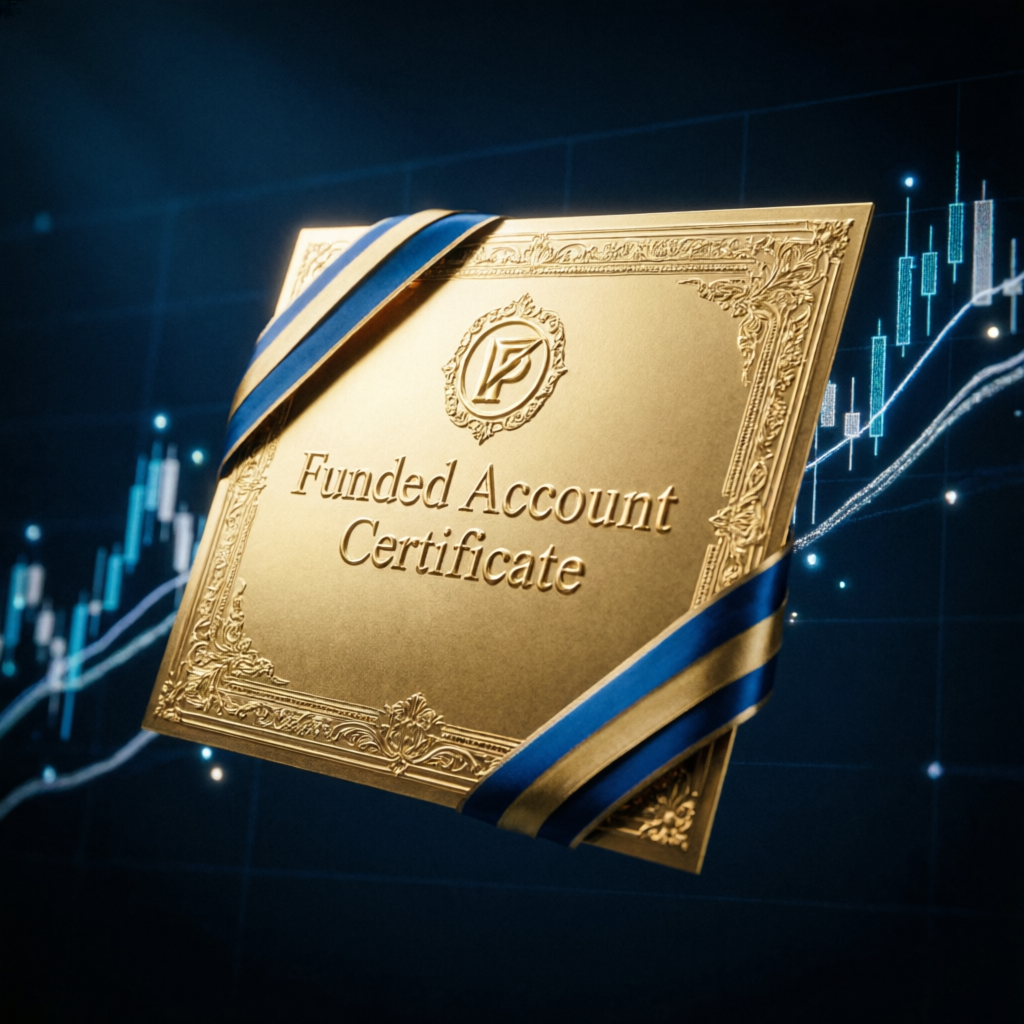 Funded account certificate representing successful prop firm challenge completion