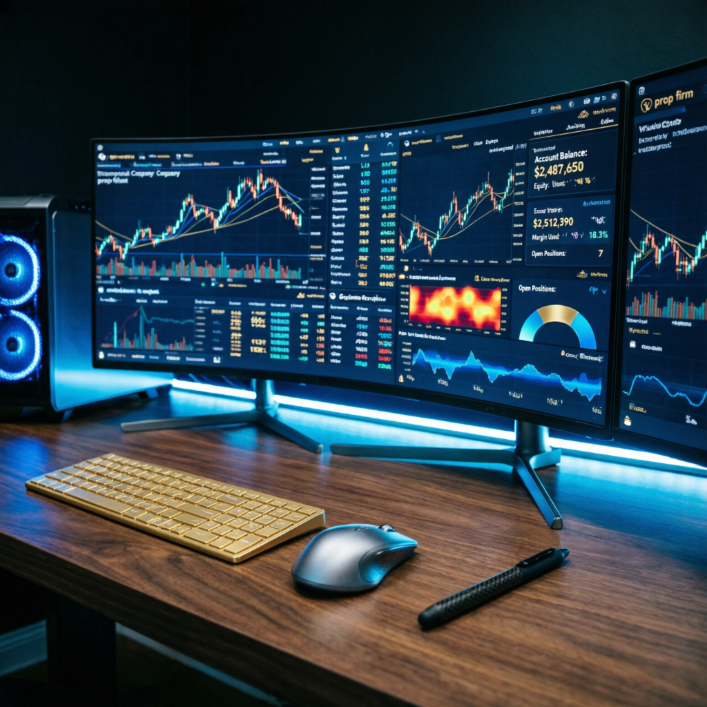 Professional trading dashboard showing prop firm account management interface with live charts