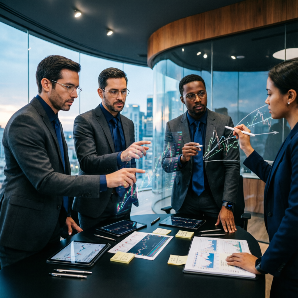 Professional trading team analyzing prop firm challenges and funded account strategies