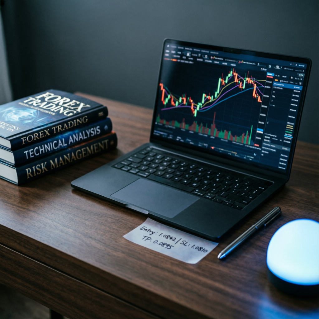 Trading education resources with forex books and laptop showing charts