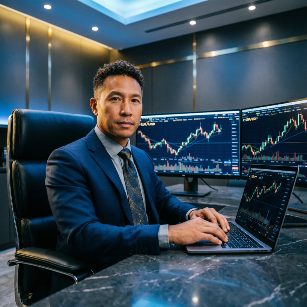 Expert forex trader managing prop firm funded account with professional trading setup