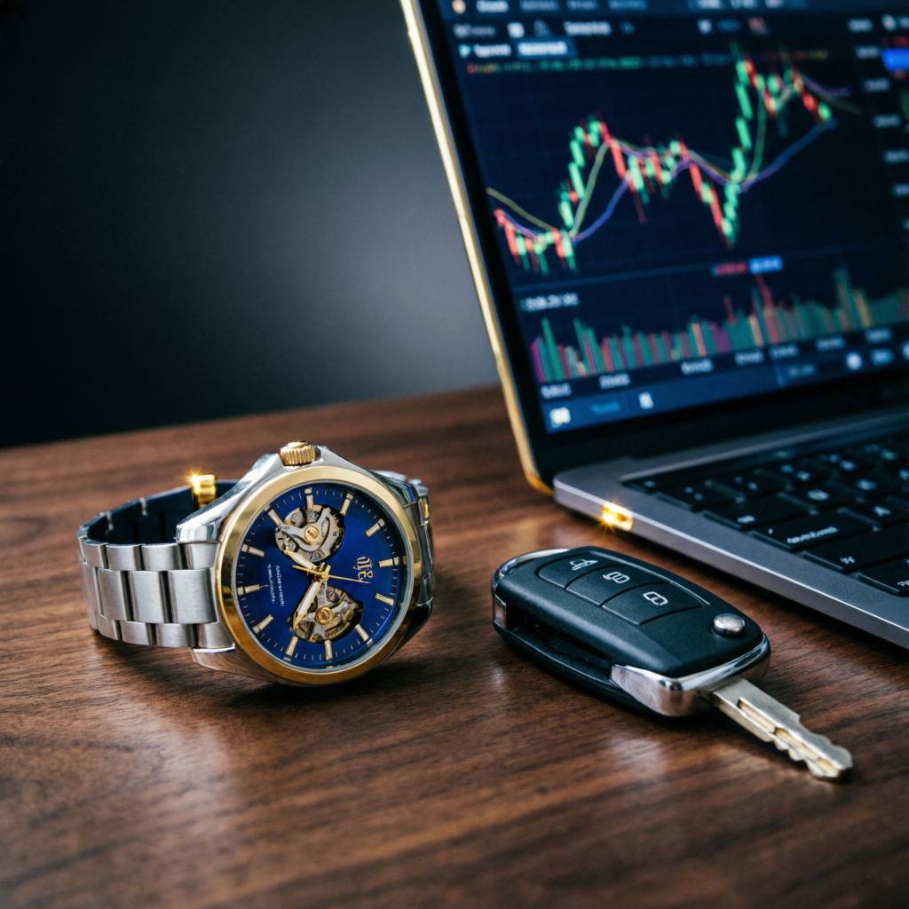 Luxury lifestyle of successful funded trader with trading charts