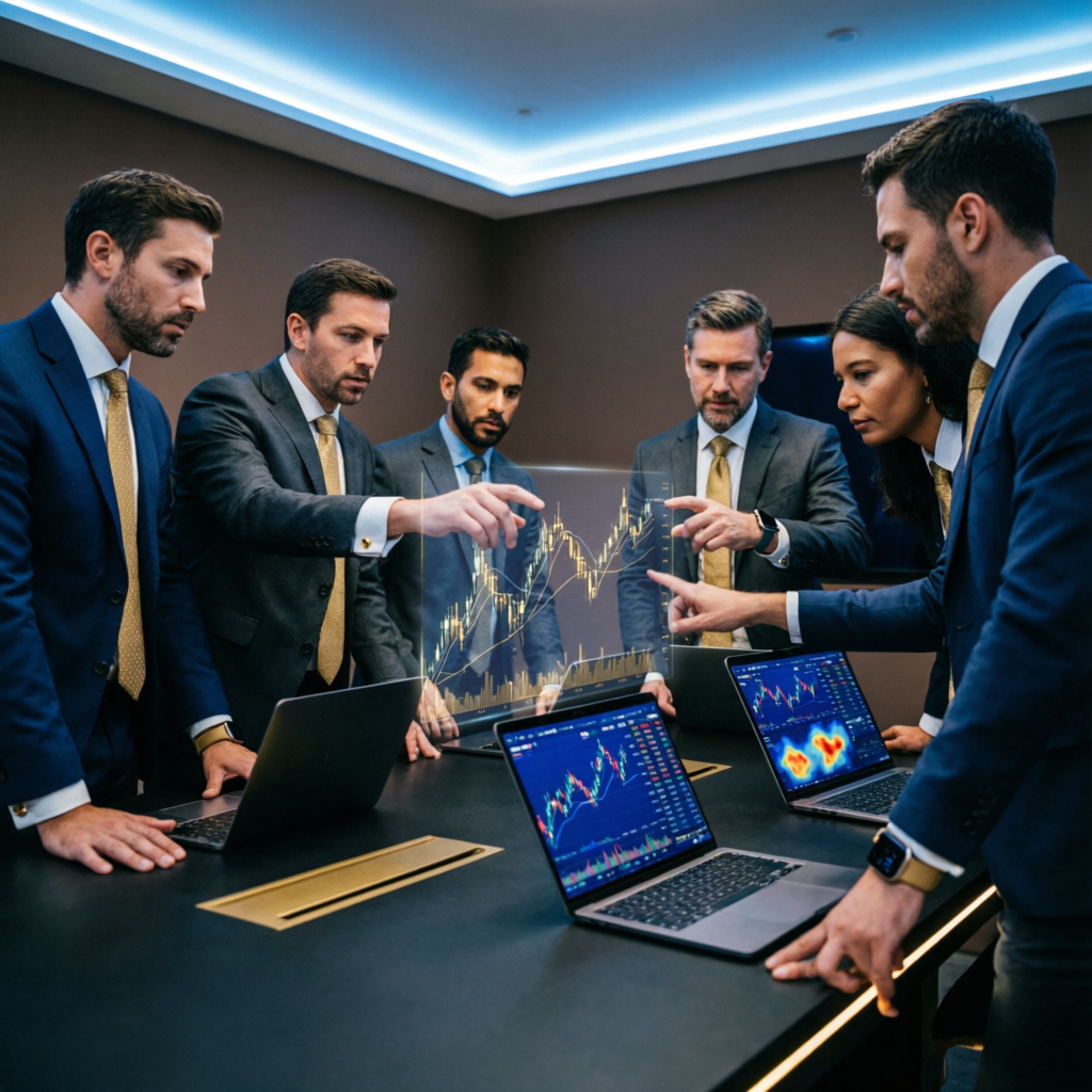 Professional trading team collaborating on prop firm challenge strategies
