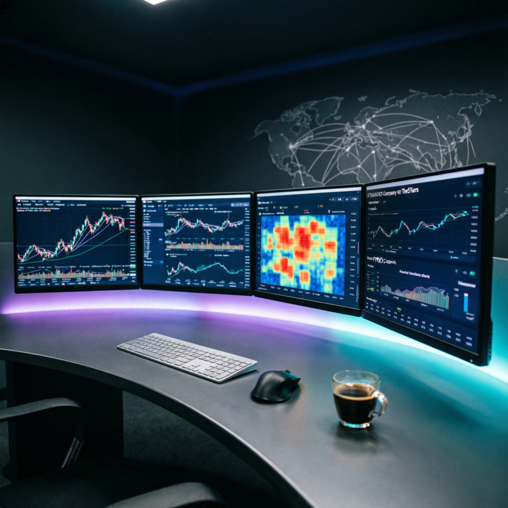 Professional trading desk with multiple monitors showing Apex funded account management