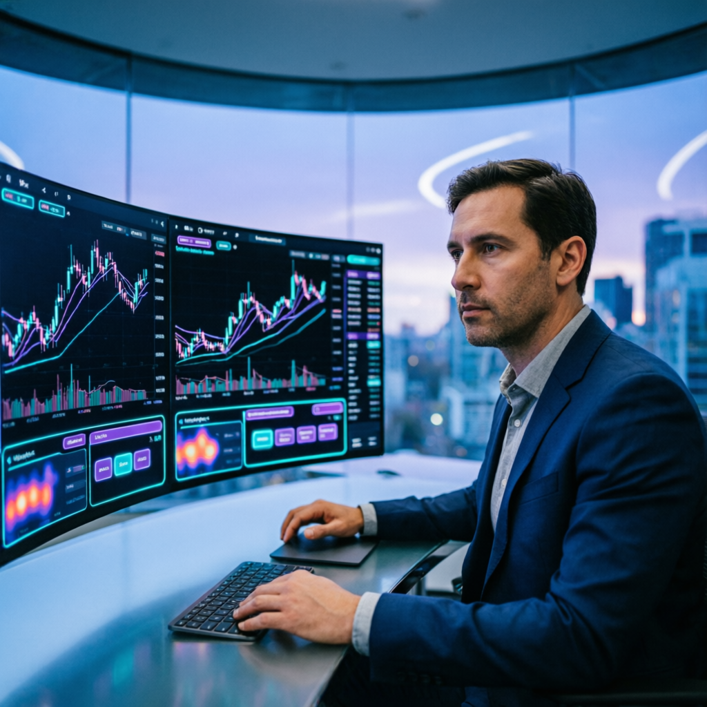 Professional trader analyzing Apex Trader Funding evaluation on multi-monitor setup
