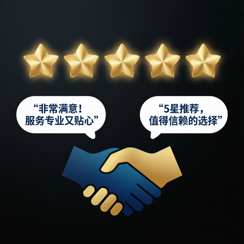 5-star customer satisfaction and review concept showing glowing gold stars, positive feedback and handshake representing trust and reliability of PFM Capitals services