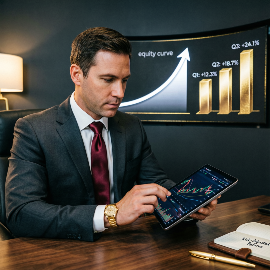 Professional fund manager analyzing portfolio performance with equity curve and quarterly returns displayed on tablet - PFM Capitals funded account management service expertise
