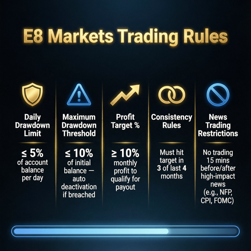 E8 Markets Trading Rules infographic showing daily drawdown limit of 5%, maximum drawdown threshold of 10%, profit target requirements, consistency rules requiring 3 of last 4 months, and news trading restrictions - PFM Capitals guide