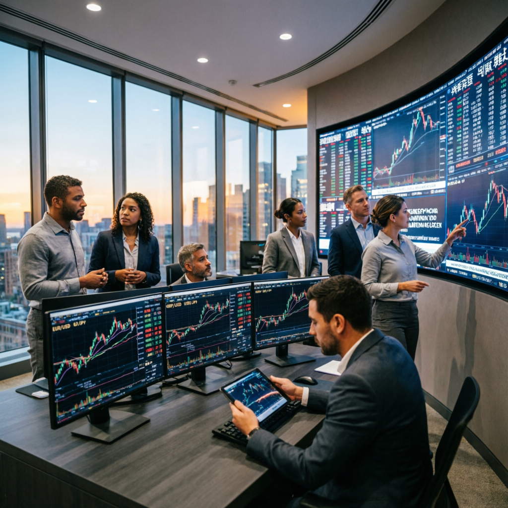 Professional trading team at PFM Capitals working together analyzing forex market data on multiple screens in modern trading office