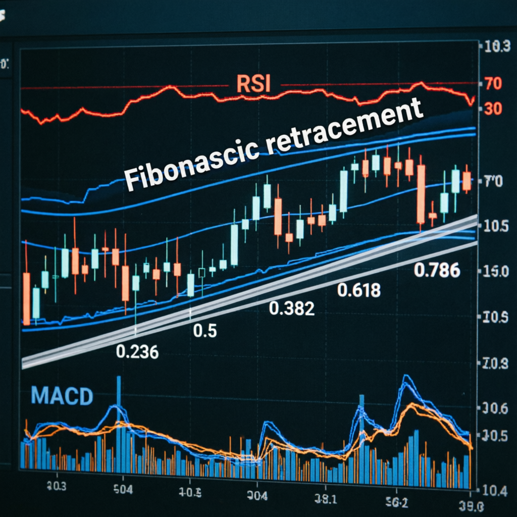 Professional forex trading strategy visualization with RSI, MACD, Bollinger Bands and Fibonacci retracement levels on candlestick chart - Essential tools for E8 Markets trading rules compliance