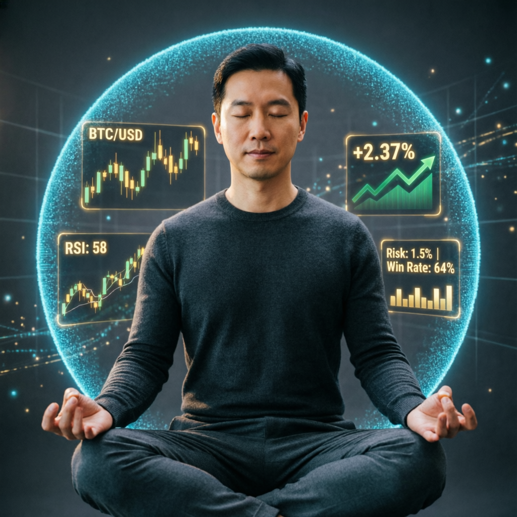Trader meditation and psychology concept showing calm focus with floating trading charts representing emotional control and disciplined trading mindset