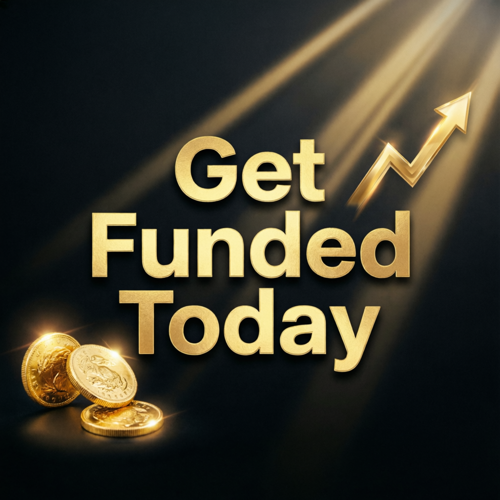 Get Funded Today - Premium financial services call to action banner with gold coins and rising arrow graphs - PFM Capitals prop firm passing service