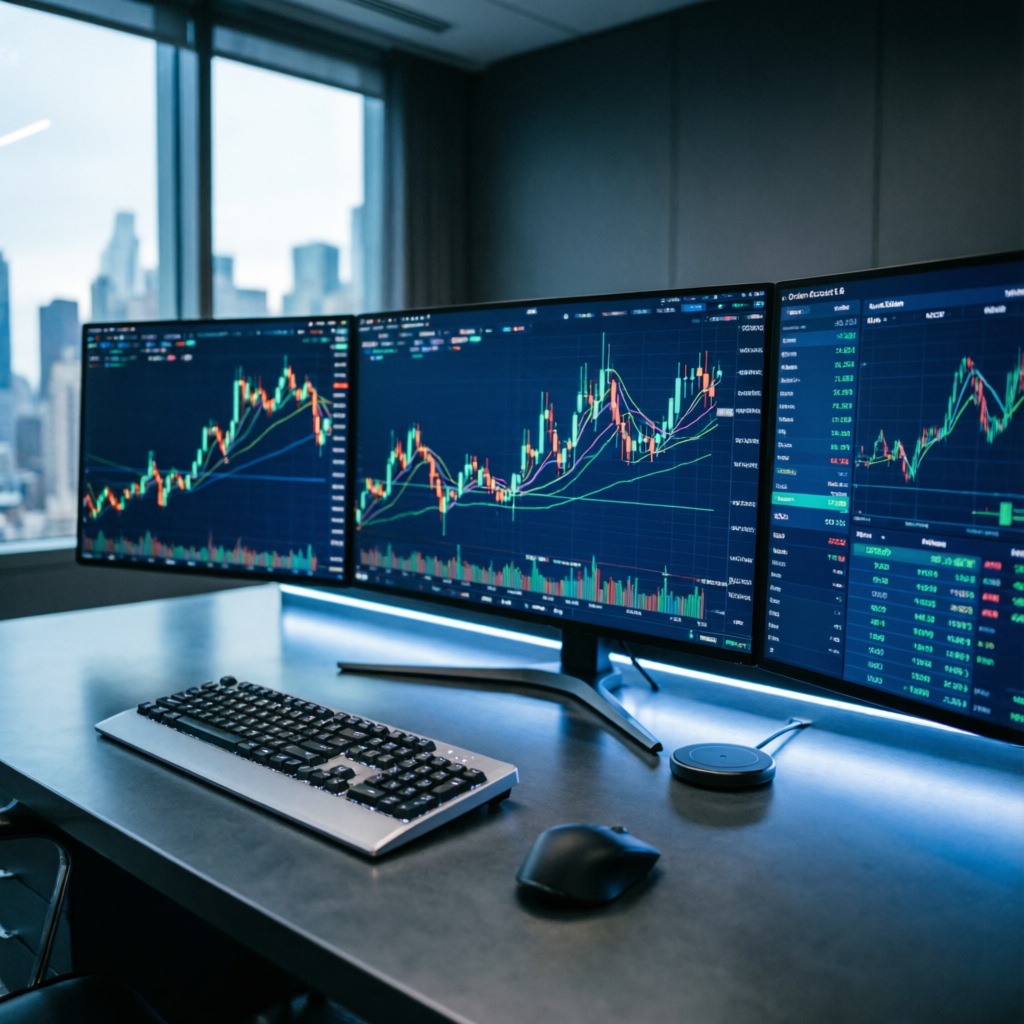 Professional trading setup with multiple monitors displaying forex charts and candlestick patterns - E8 Markets Trading Rules Guide by PFM Capitals