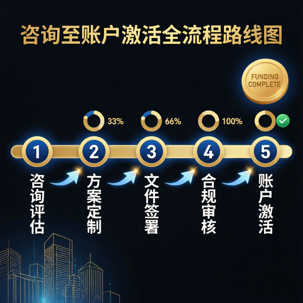 Step-by-step process roadmap from consultation to funded account activation with 5 milestones - PFM Capitals prop firm passing service process