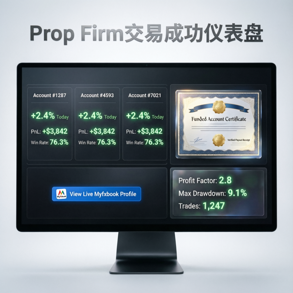 Prop firm trading success dashboard showing account profits, win rates, funded account certificate, Myfxbook profile link, profit factor, max drawdown and total trades - PFM Capitals verified results