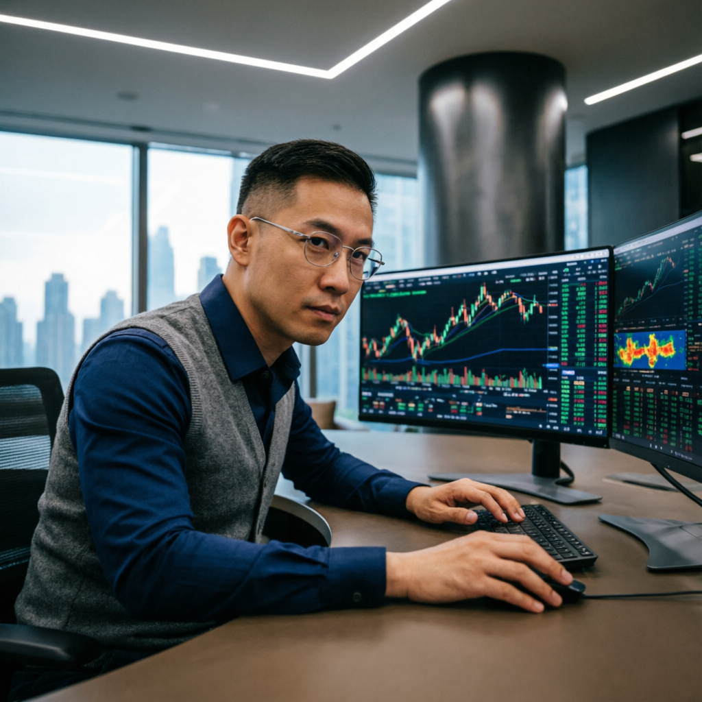 Professional Trader Analyzing Markets on Multiple Monitors
