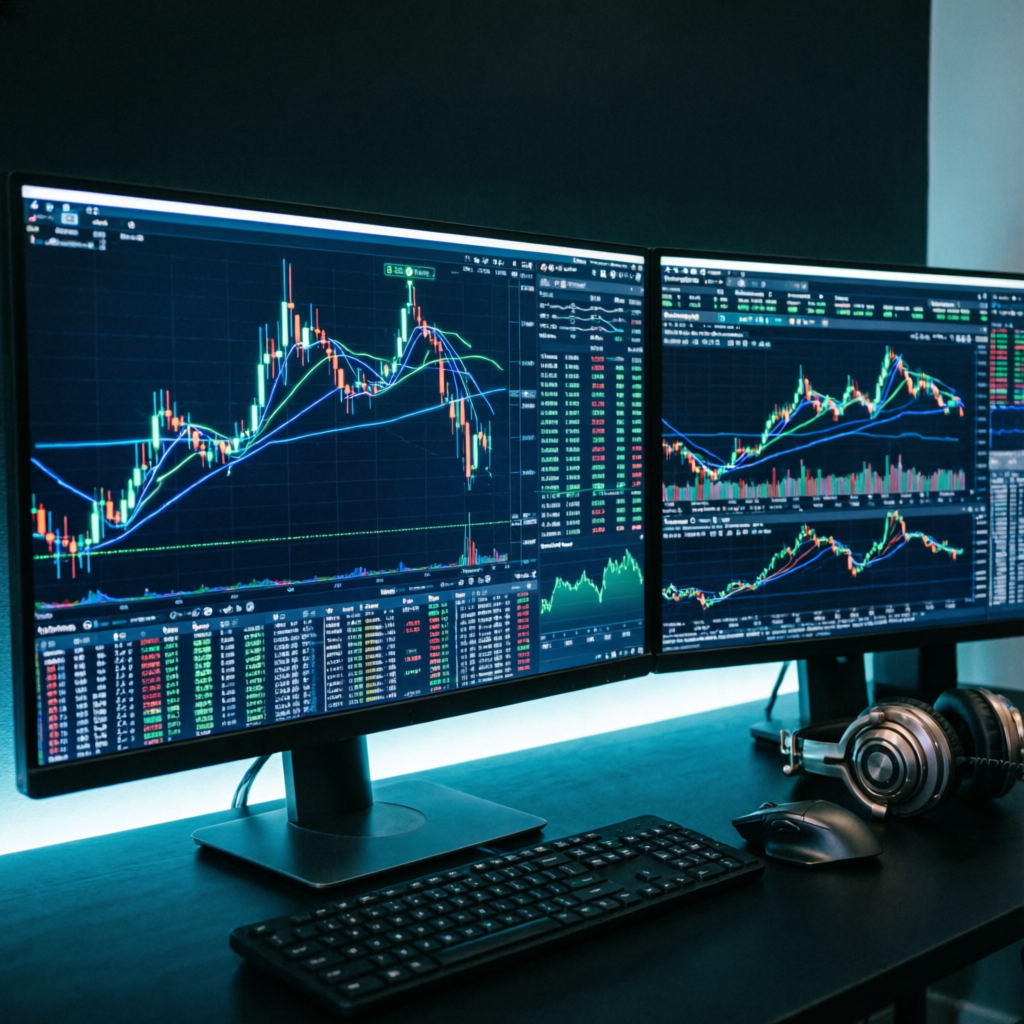 Professional trading desk with multiple monitors showing Apex Trader Funding evaluation