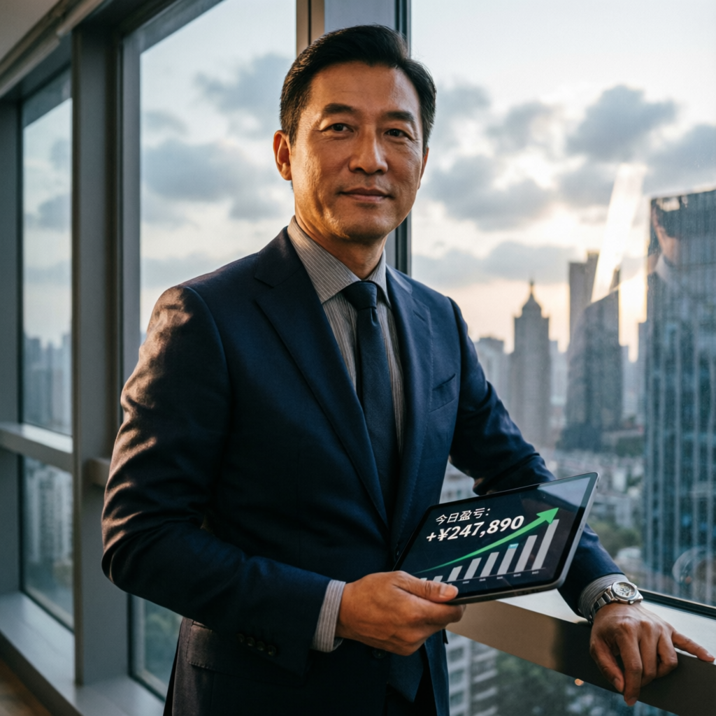 Successful client holding tablet showing trading profits from Topstep