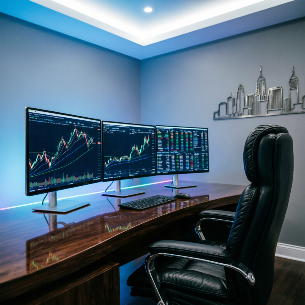 Professional trading workspace with multiple monitors for Topstep Trading Combine