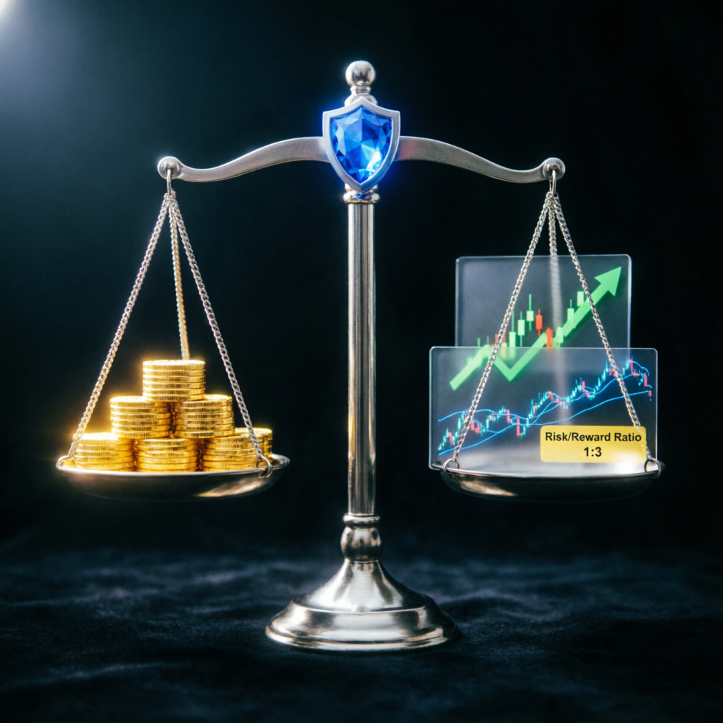 Risk management concept with balanced scales for Topstep Trading Combine rules