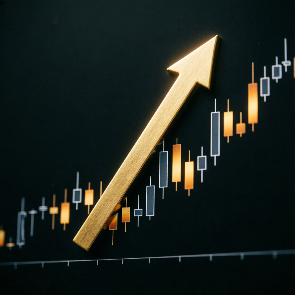 Financial growth with golden arrow and candlestick charts