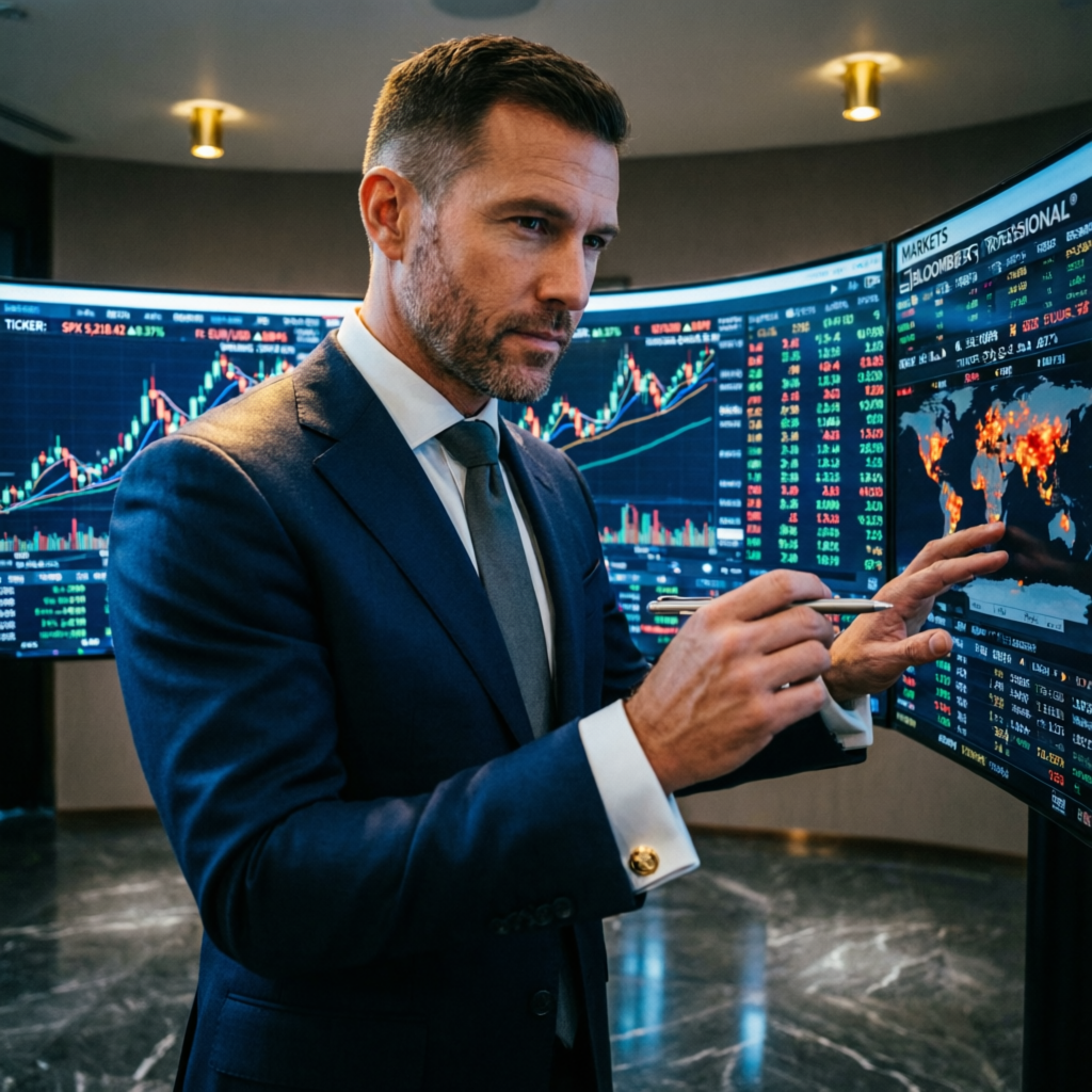 Professional trader analyzing Topstep Trading Combine fees and futures markets on multiple screens