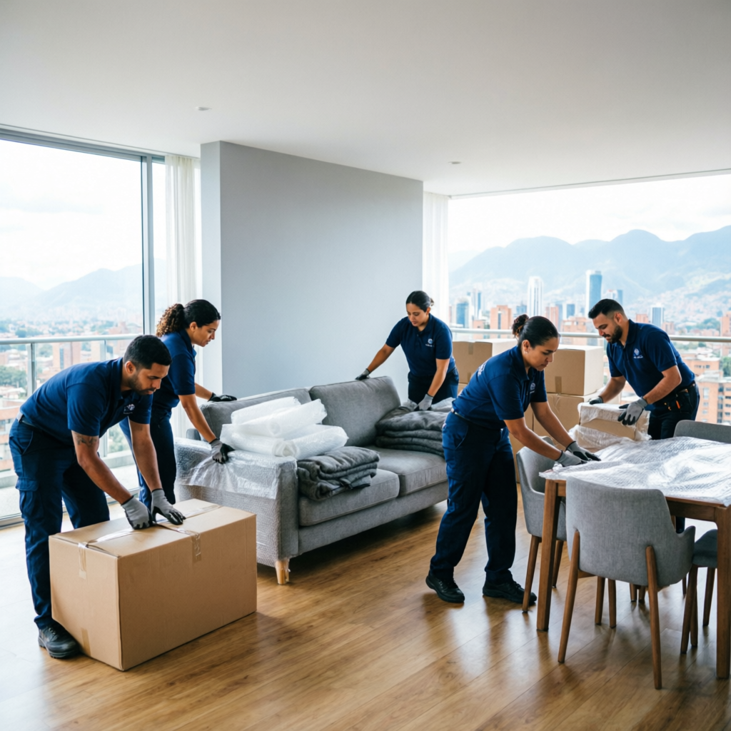 Equipo profesional de trasteos empacando muebles en apartamento de Bogotá