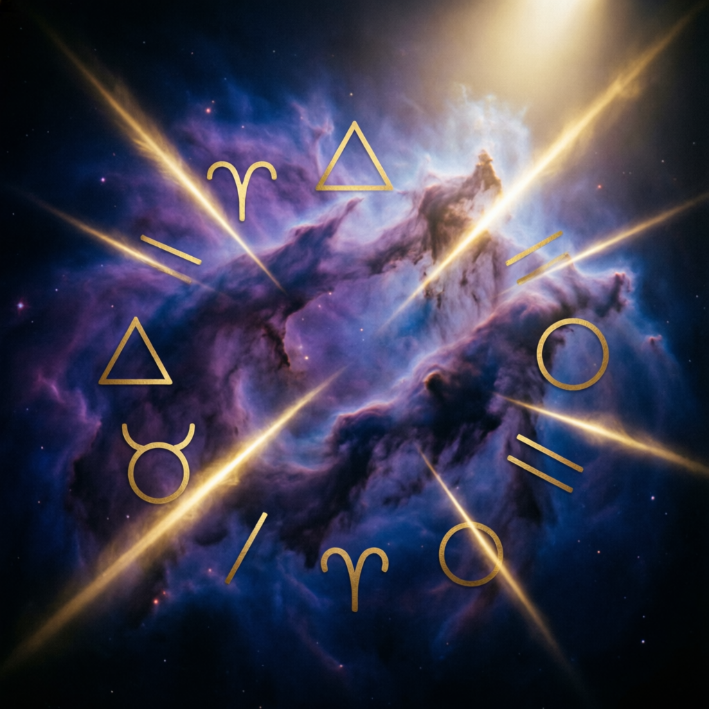 Cosmic nebula with golden symbols