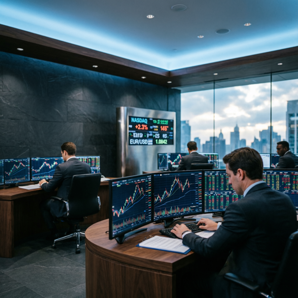 Professional prop firm trading floor with multiple traders and monitoring screens