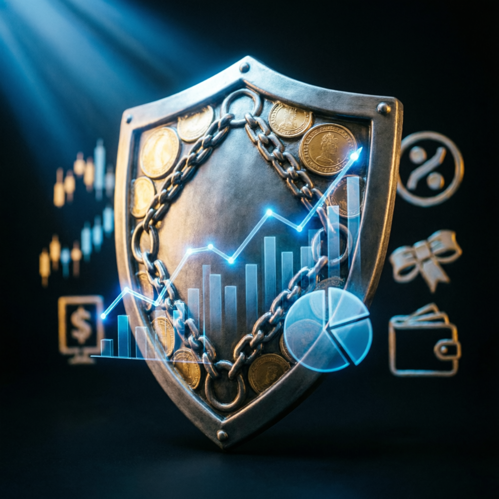 Risk management shield protecting trading accounts and financial assets