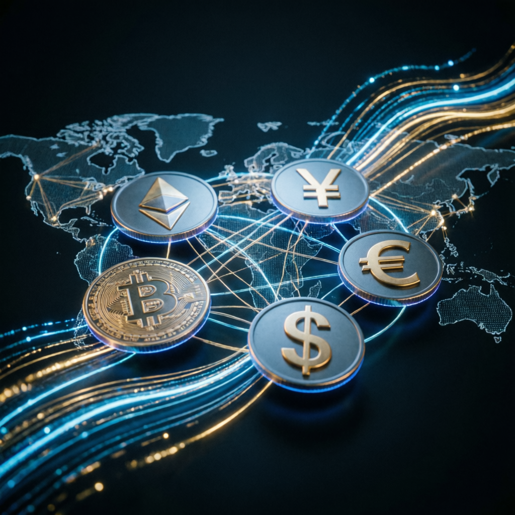 Cryptocurrency and forex trading with digital assets and global markets